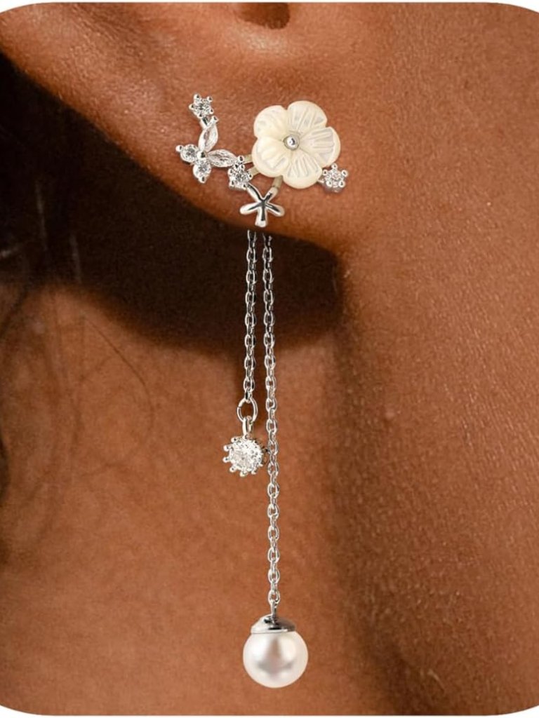 Dangle Pearl Drop Earrings For Women Trendy Long Threader Chain Dainty Flower We
